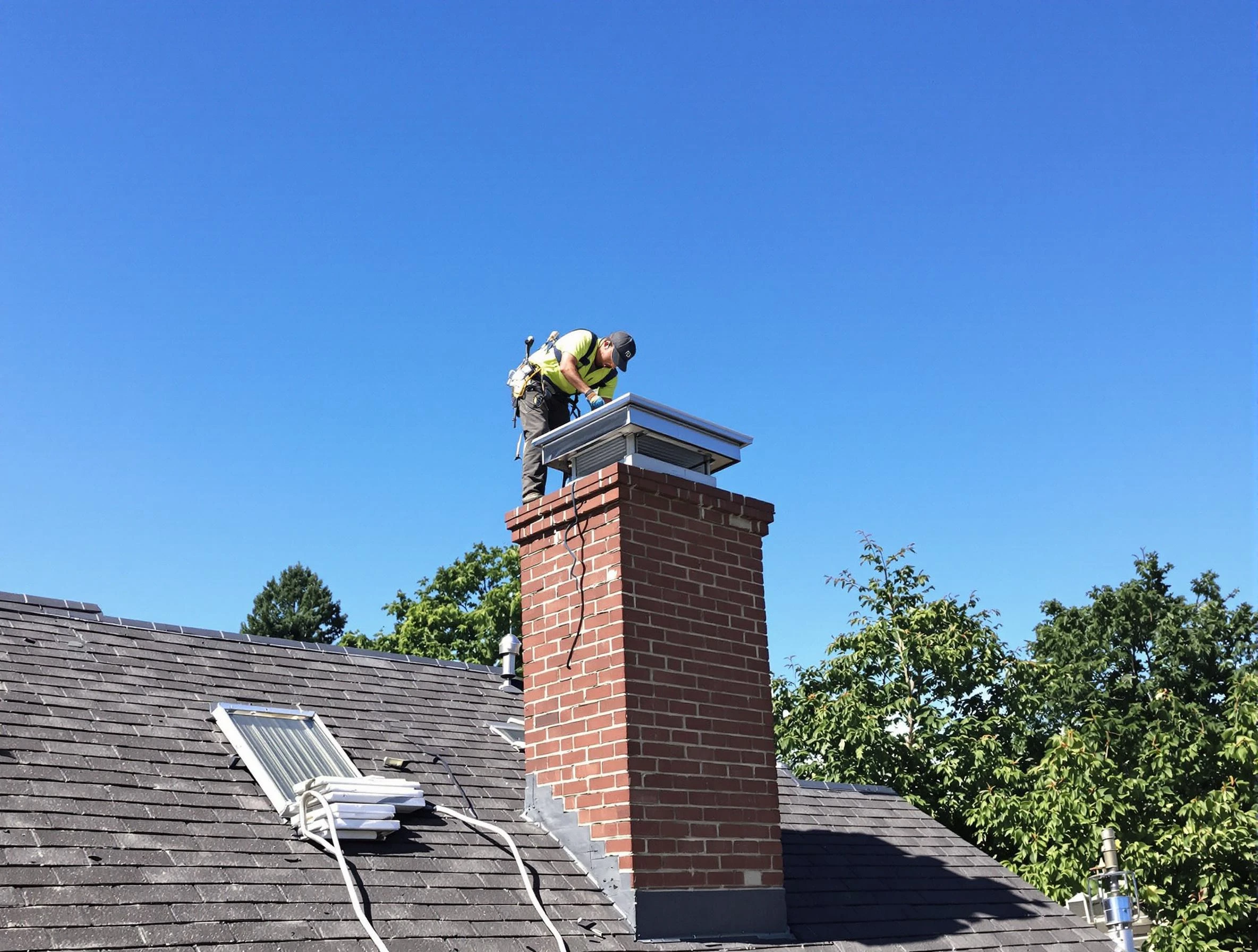 Haverhill Chimney Sweep technician measuring a chimney cap in Haverhill, MA